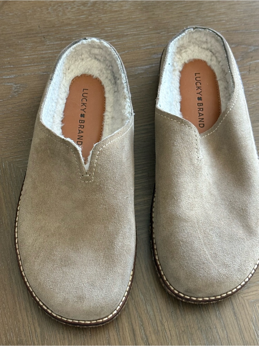 Lucky Brand Women’s Tan Suede Slip-On Mules with Cream Lining